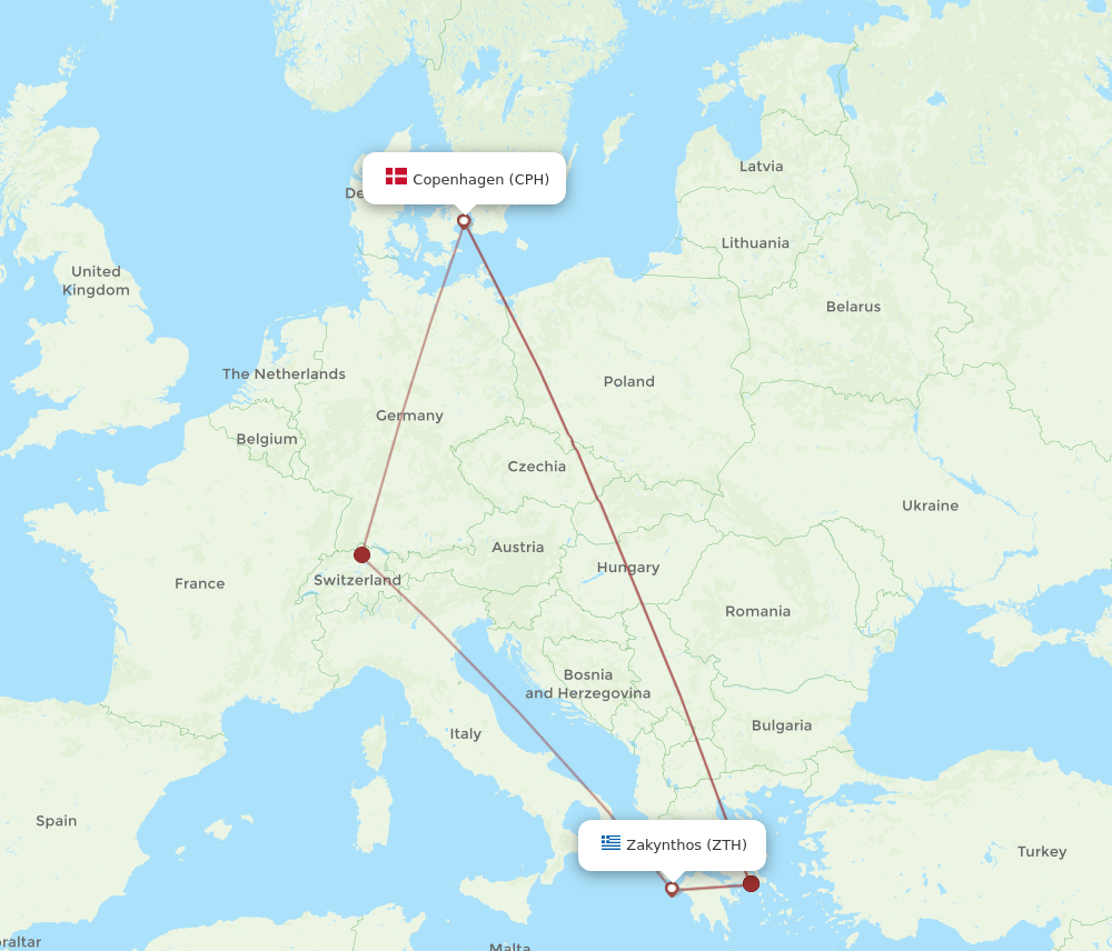 ZTH to CPH flights and routes map
