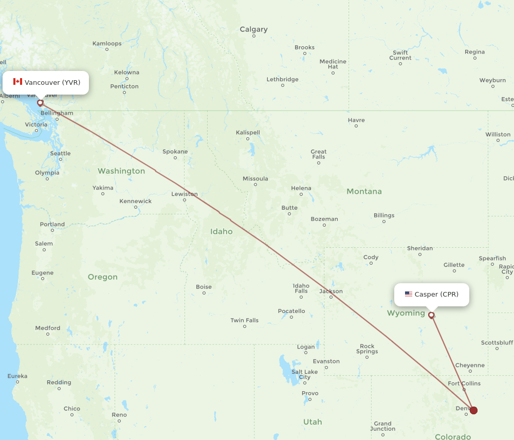 CPR to YVR flights and routes map