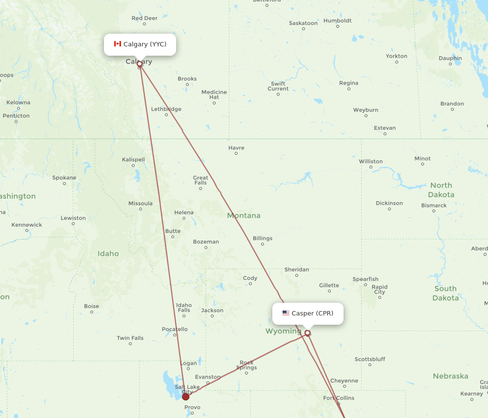 CPR to YYC flights and routes map