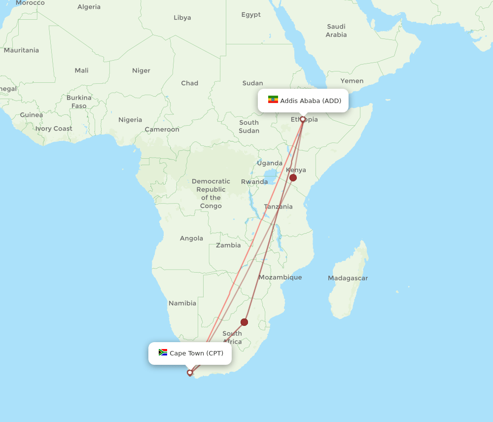 CPT to ADD flights and routes map