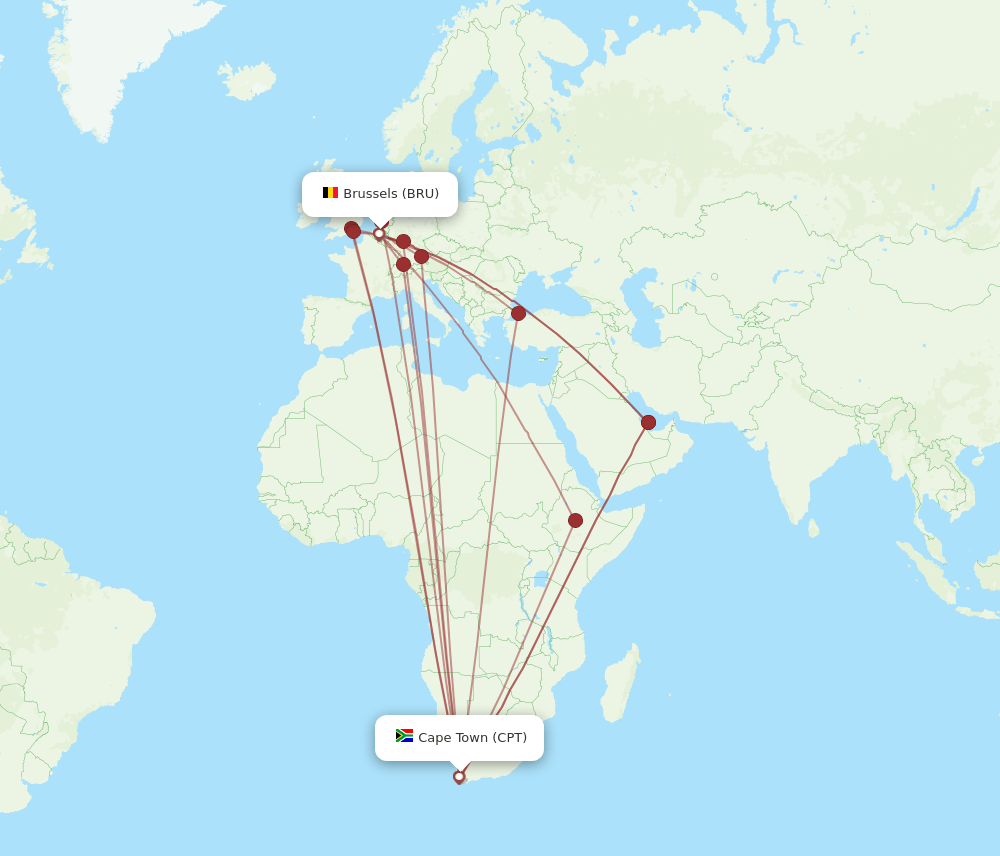 CPT to BRU flights and routes map