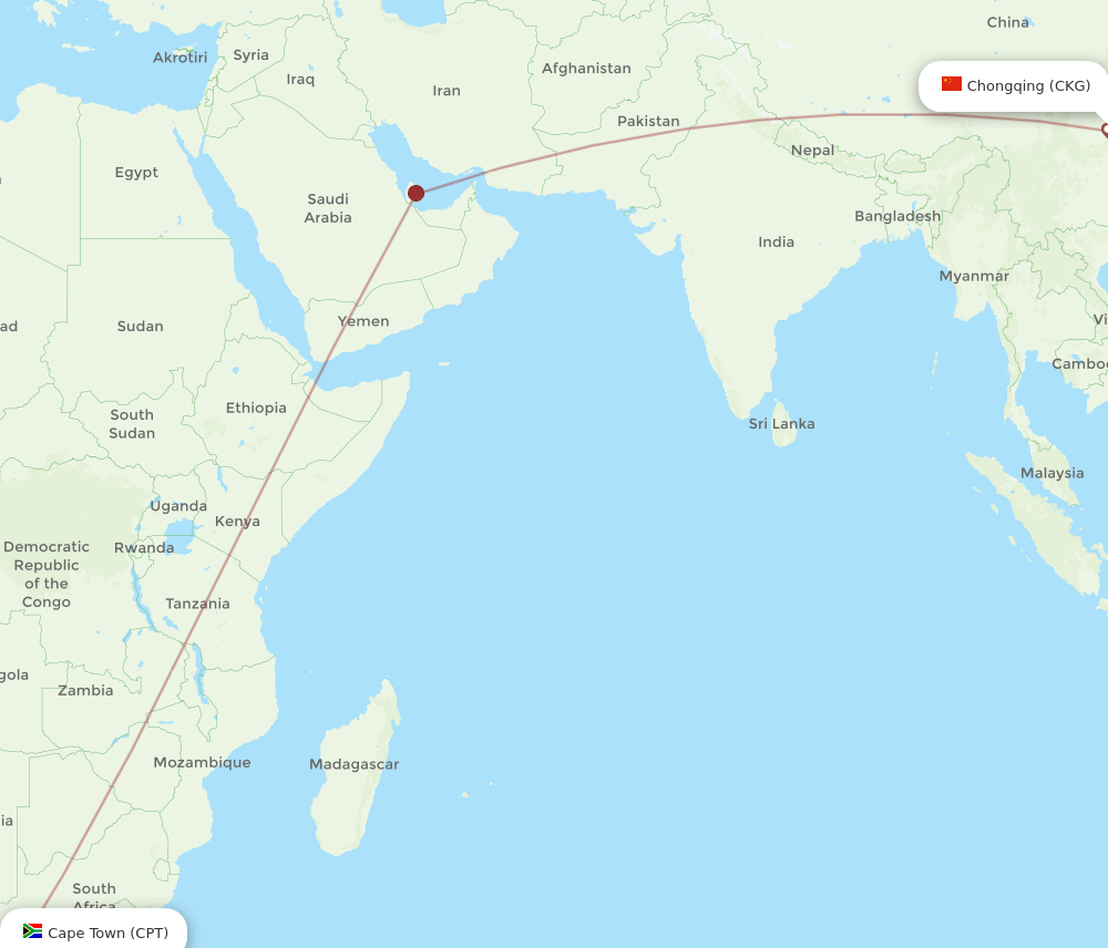 Chongqing - Cape Town route map and flight paths