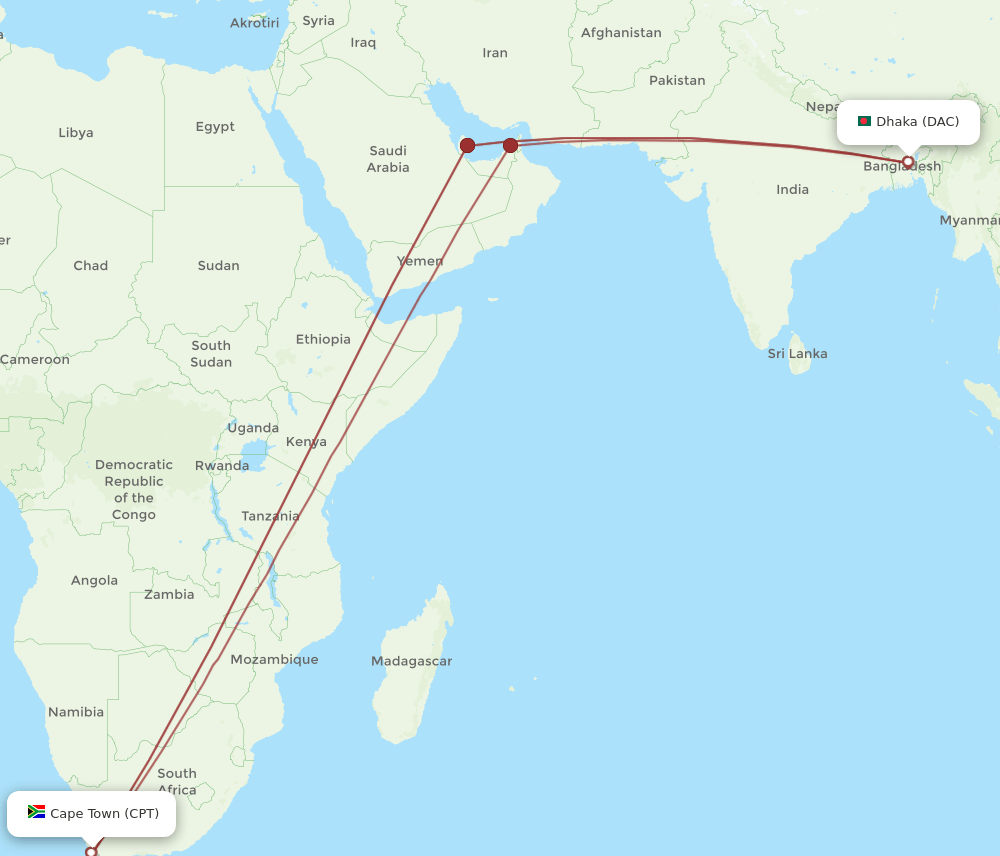 CPT to DAC flights and routes map