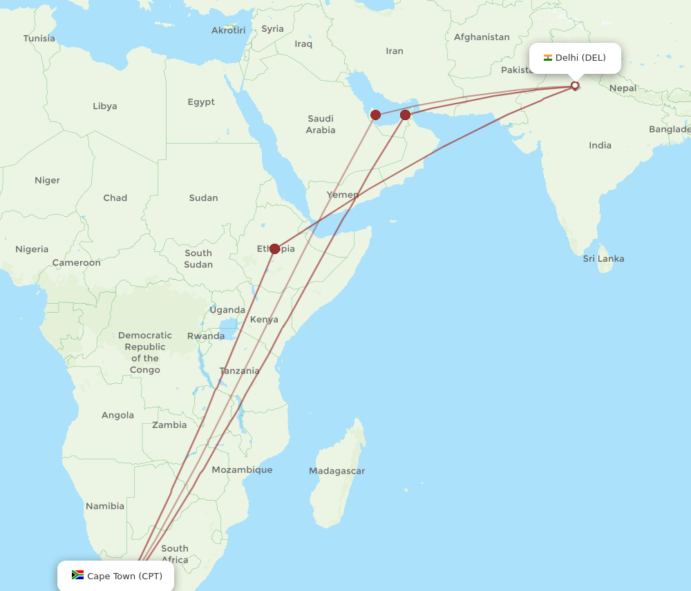 CPT-DEL flight routes