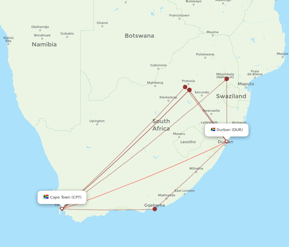 CPT to DUR flights and routes map