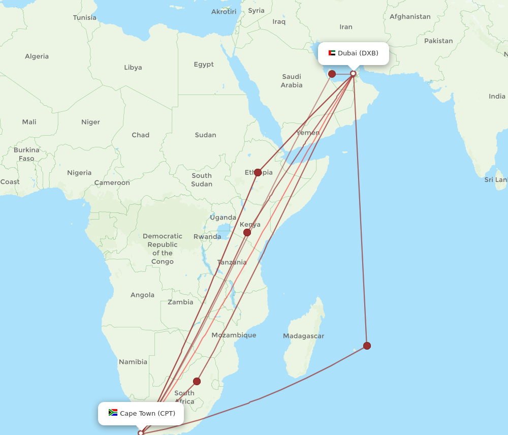 CPT to DXB flights and routes map