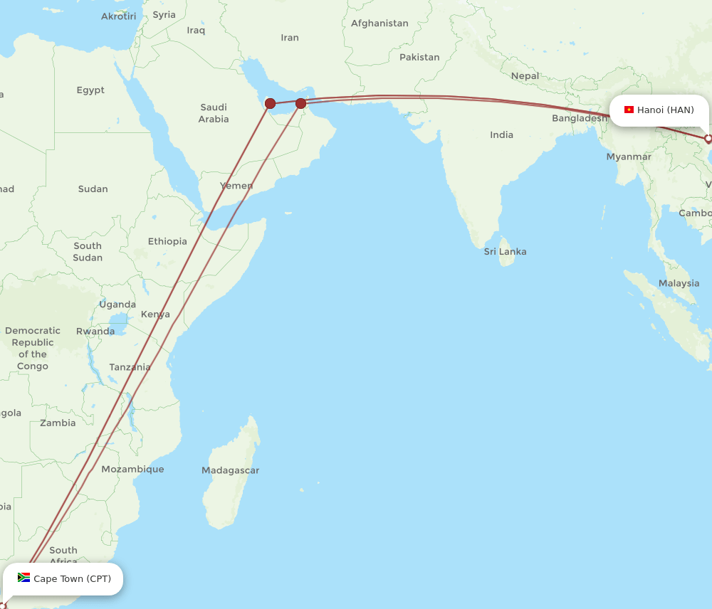 CPT to HAN flights and routes map