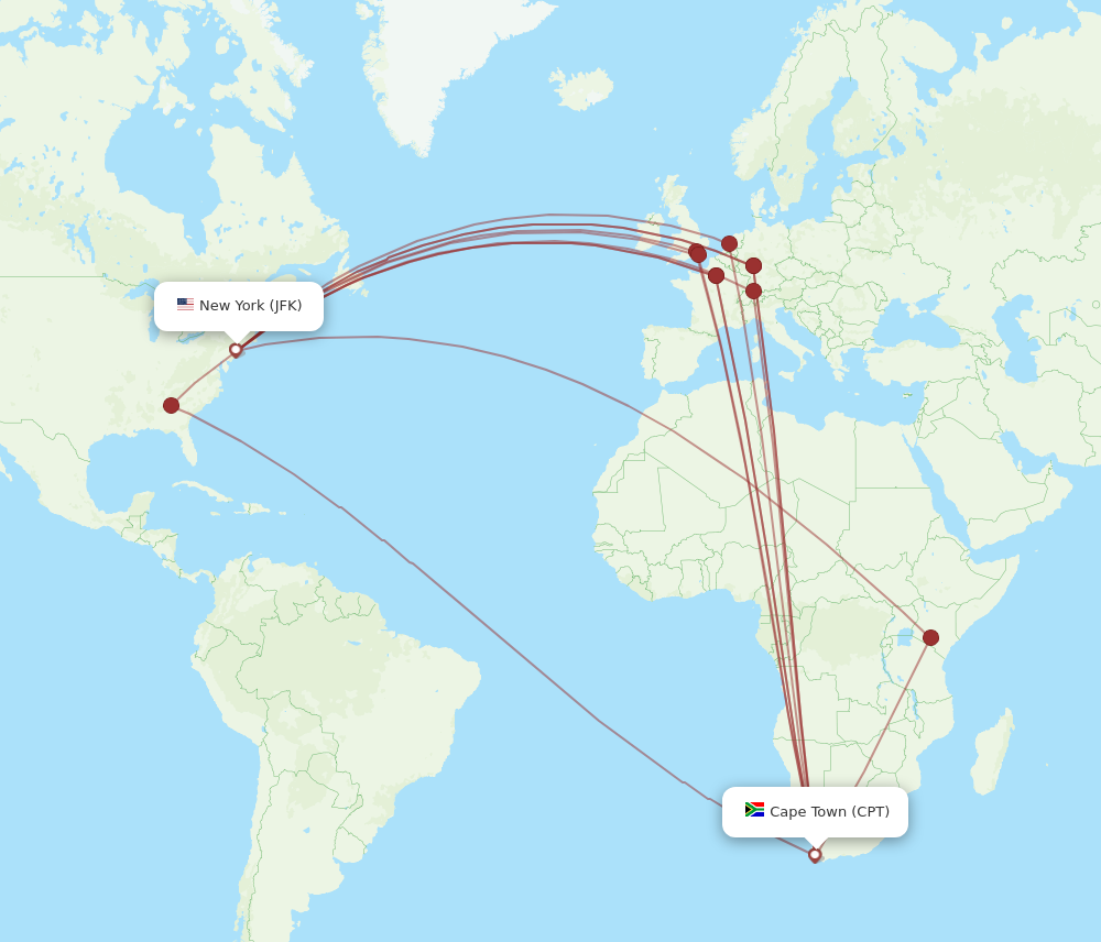 CPT to JFK flights and routes map