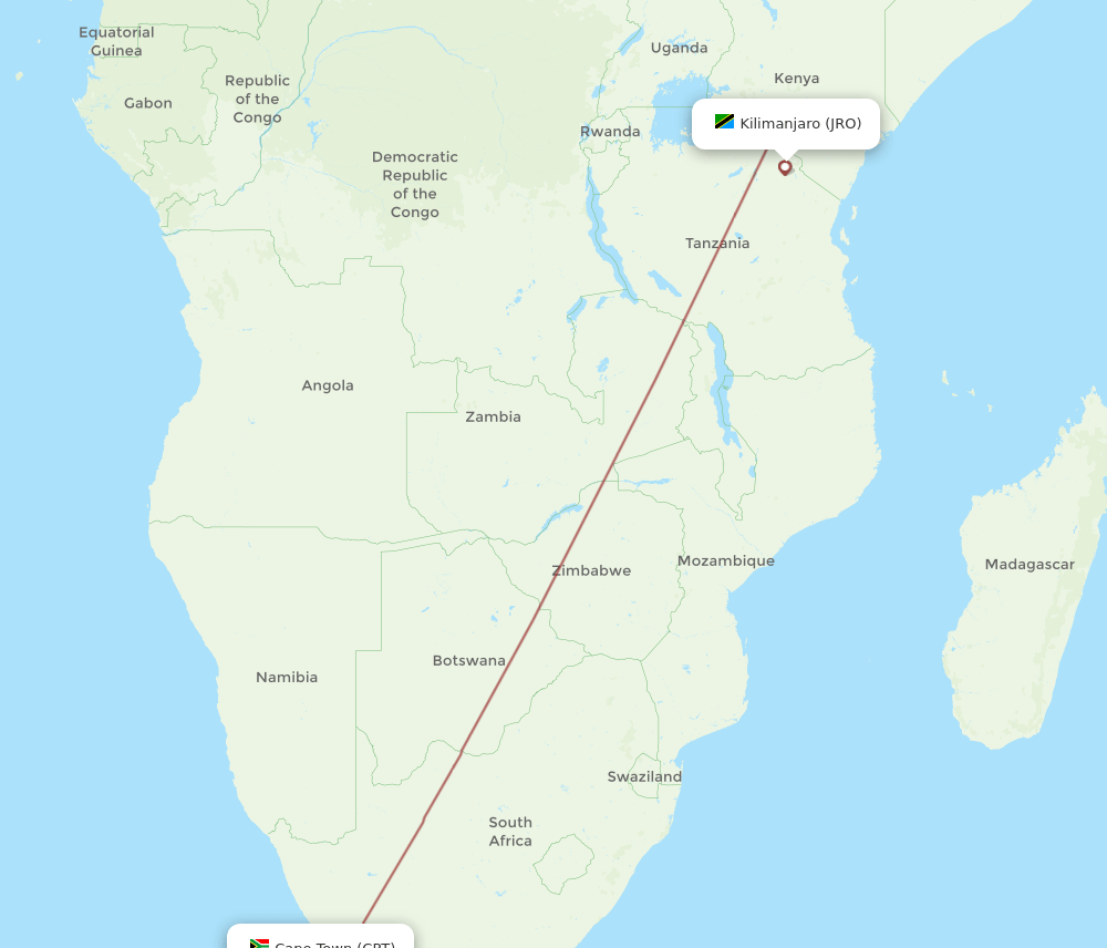 Kilimanjaro - Cape Town route map and flight paths