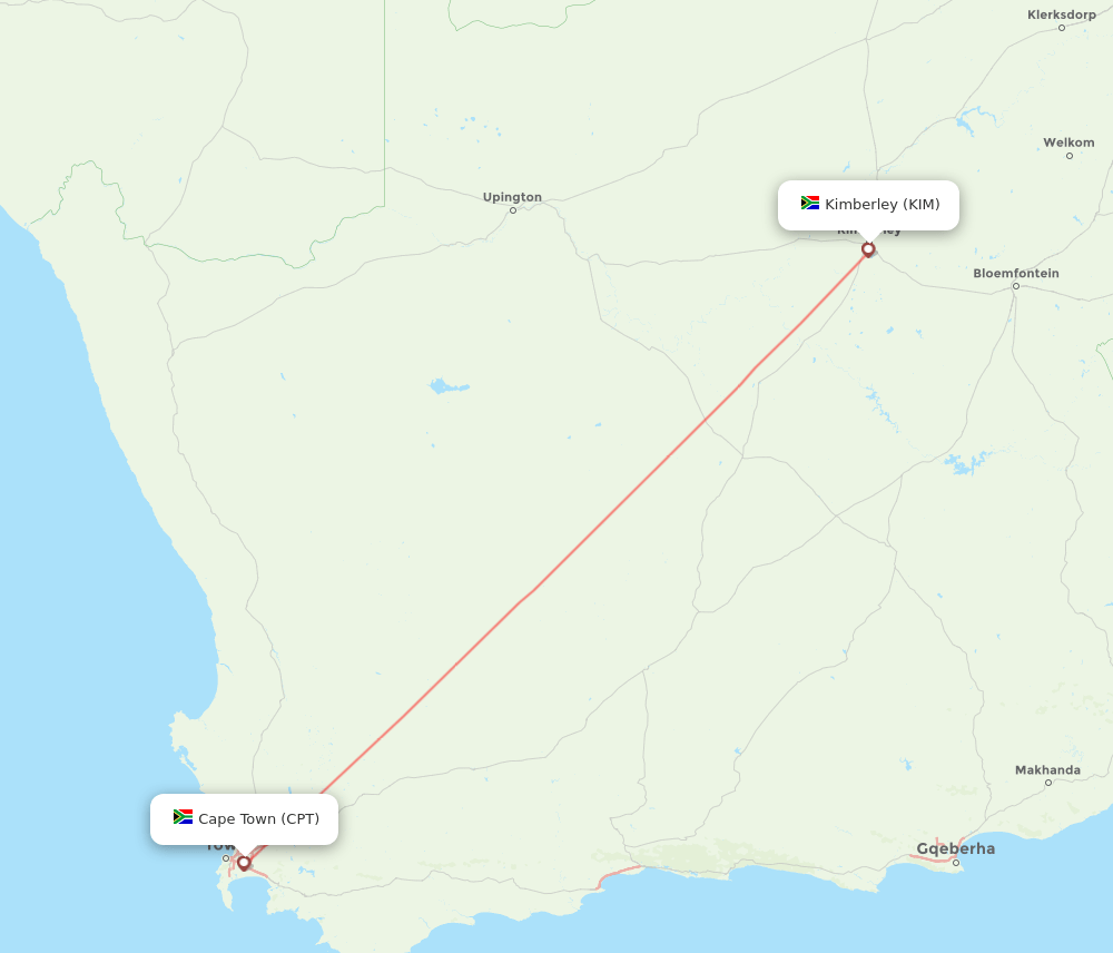 Cape Town - Kimberley route map and flight paths