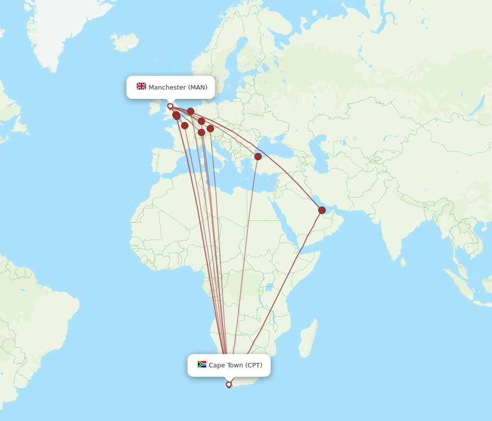 CPT to MAN flights and routes map