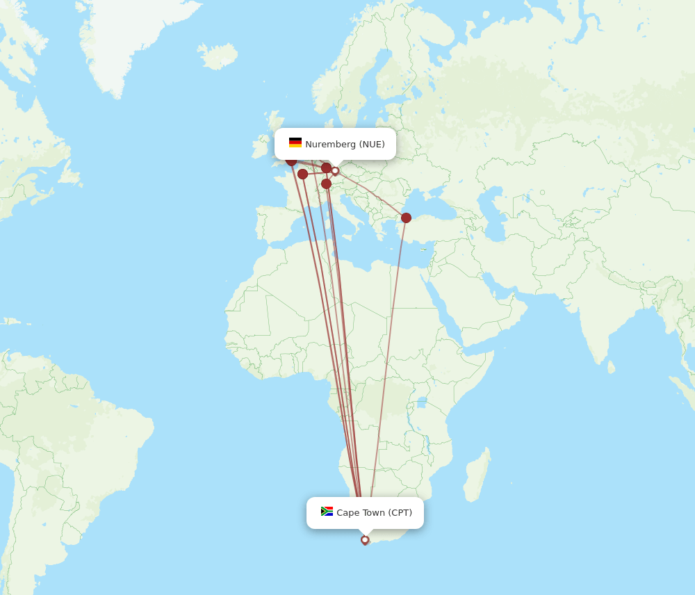 CPT to NUE flights and routes map