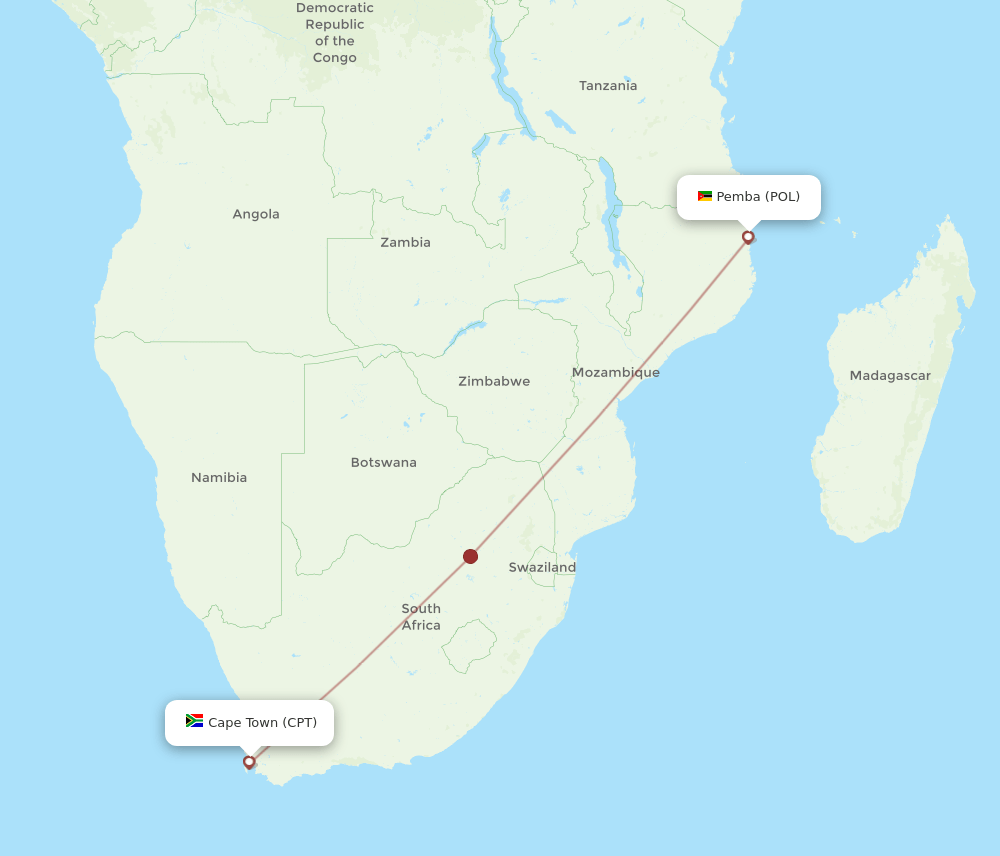 Pemba - Cape Town route map and flight paths