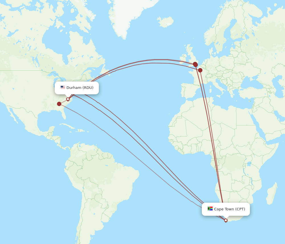 CPT to RDU flights and routes map