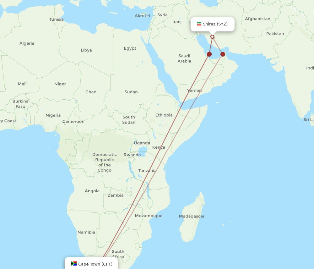 Shiraz - Cape Town route map and flight paths