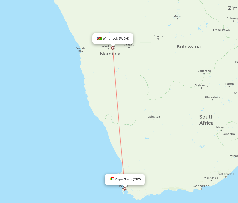 CPT to WDH flights and routes map