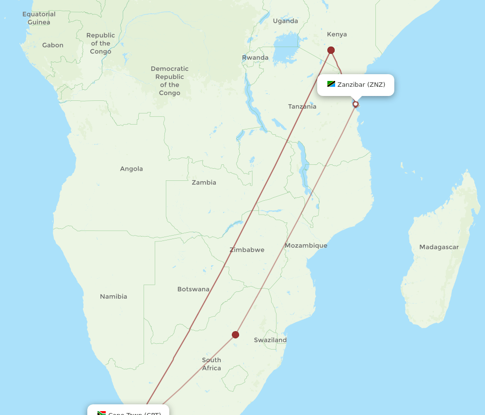 ZNZ to CPT flights and routes map