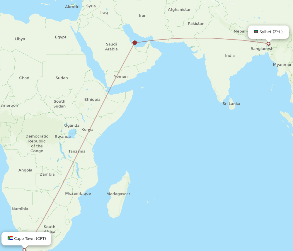 ZYL to CPT flights and routes map