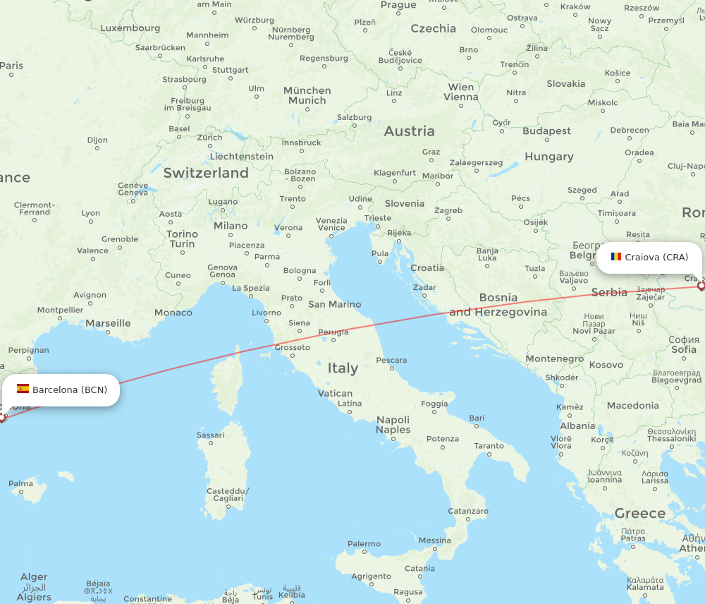 CRA to BCN flights and routes map