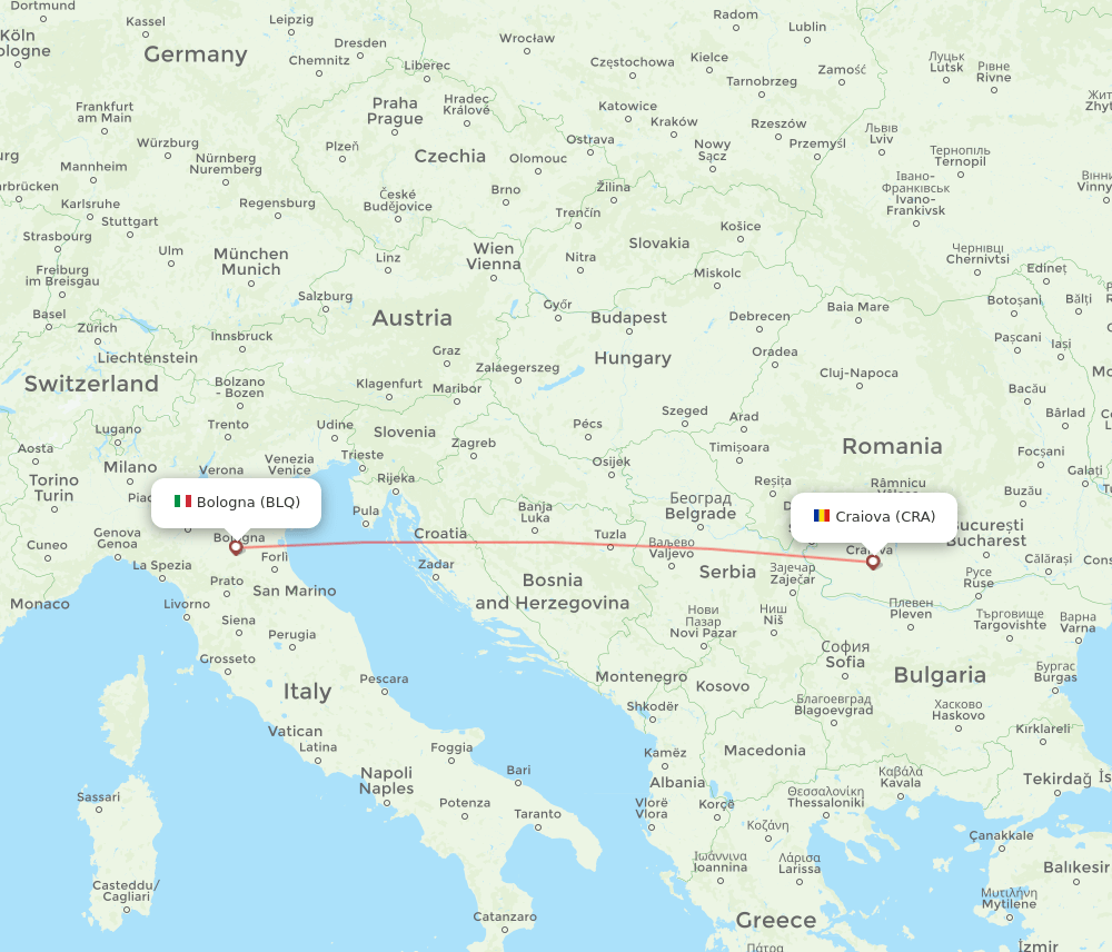 Craiova - Bologna route map and flight paths