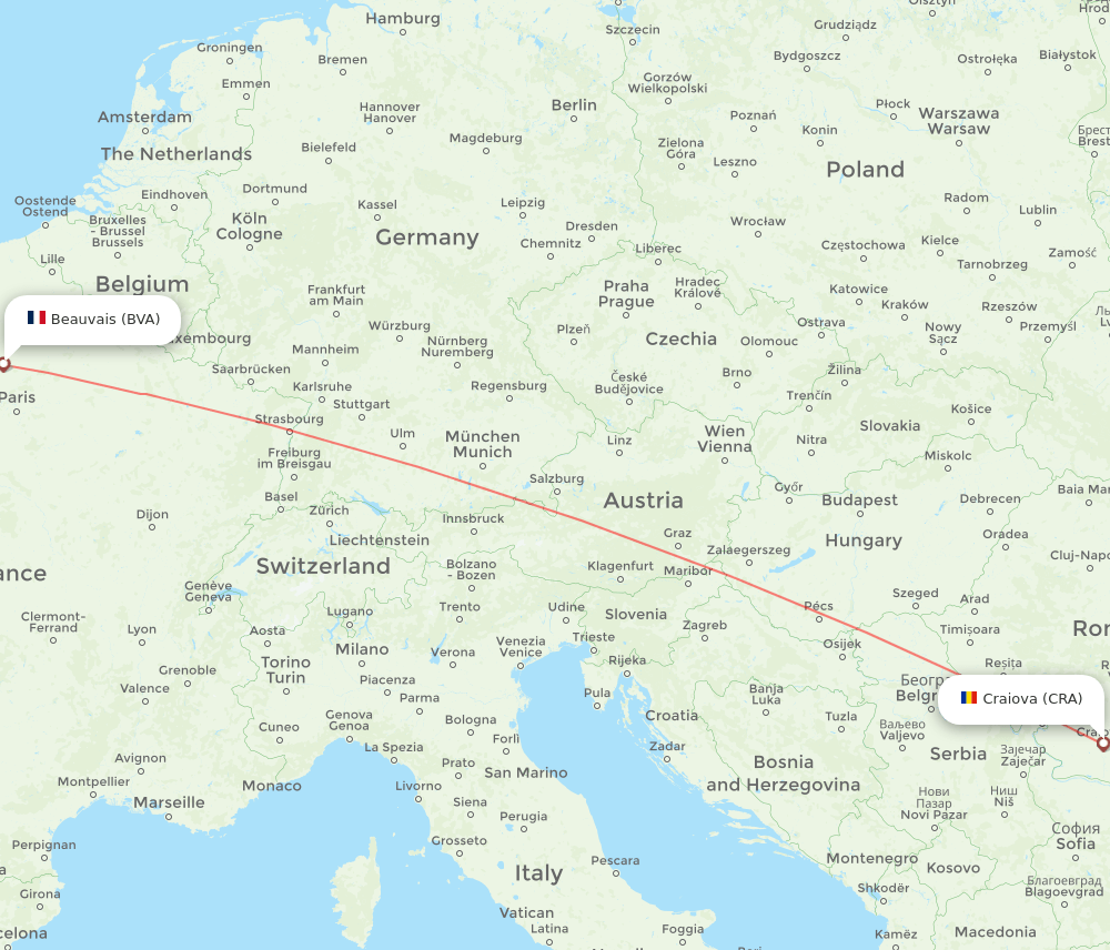 Craiova - Paris route map and flight paths