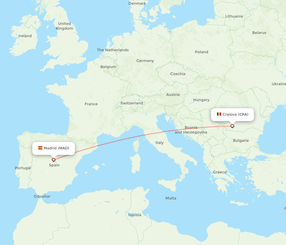 Craiova - Madrid route map and flight paths