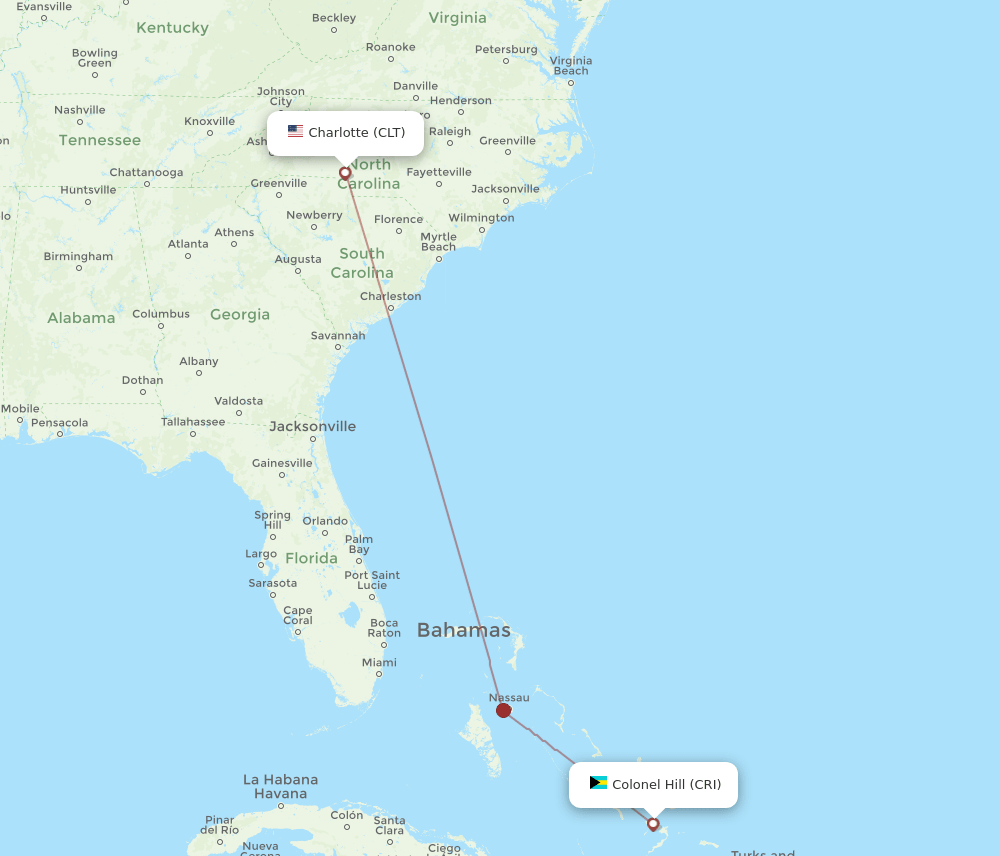 Charlotte - Crooked Island route map and flight paths