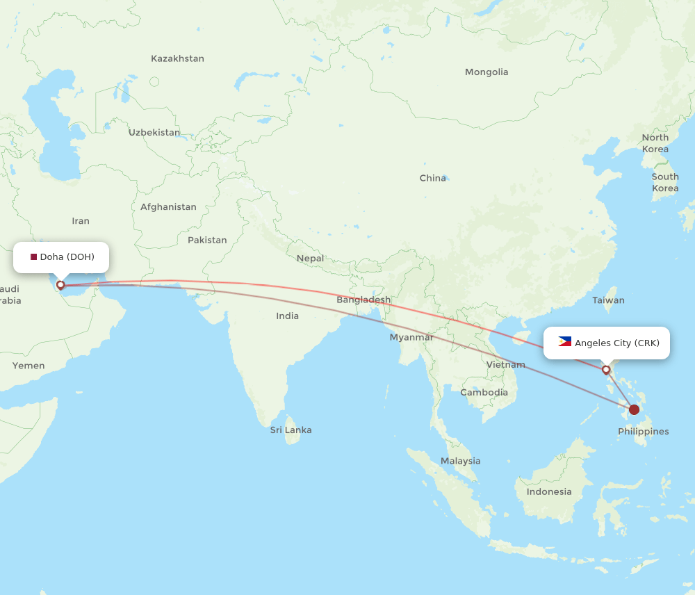 Angeles - Doha route map and flight paths