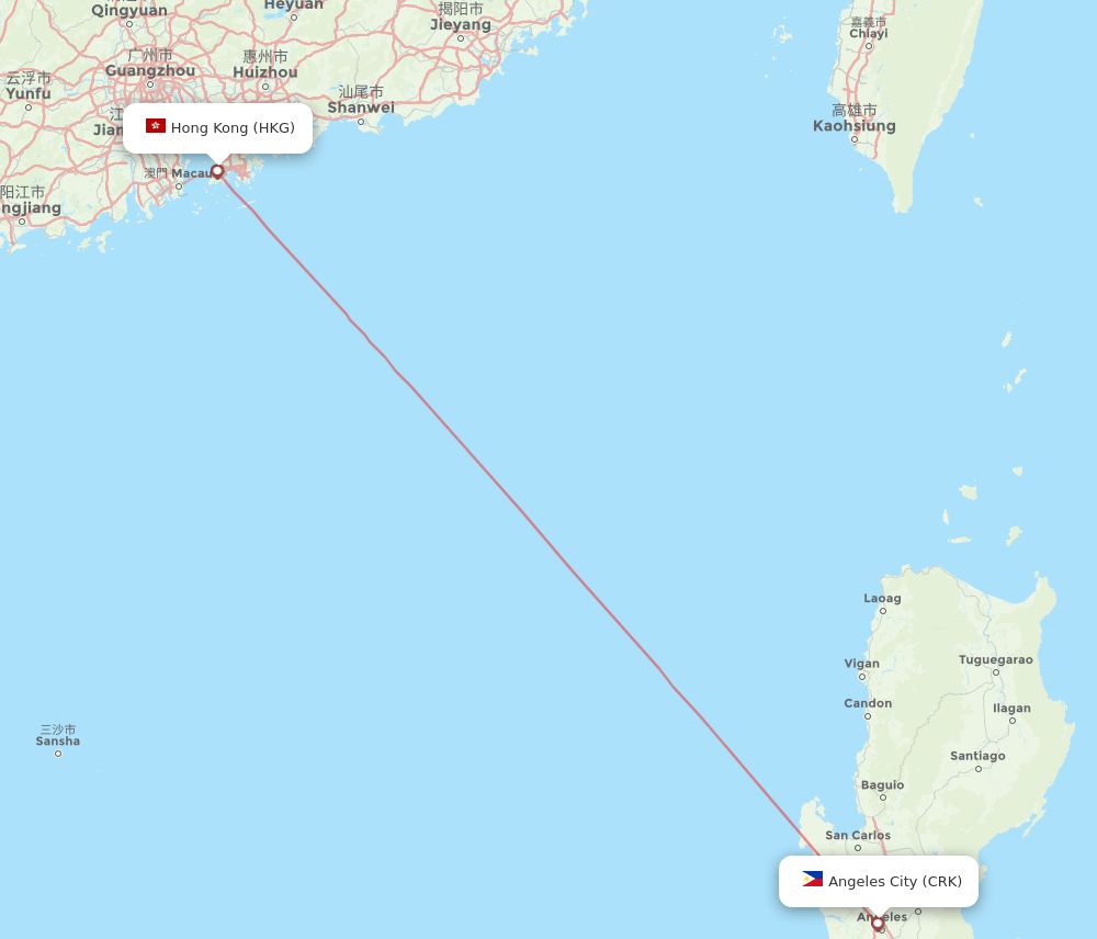 Angeles - Hong Kong route map and flight paths
