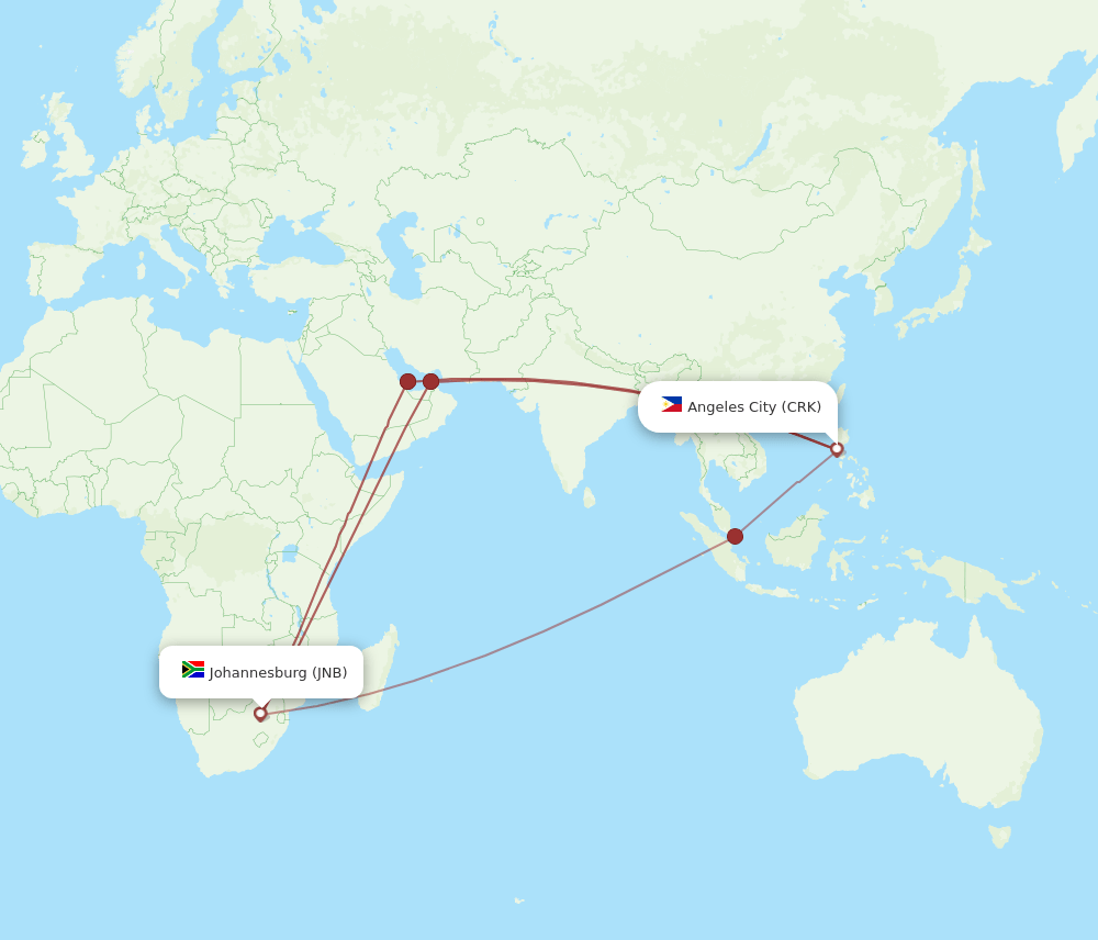 CRK-JNB flight routes