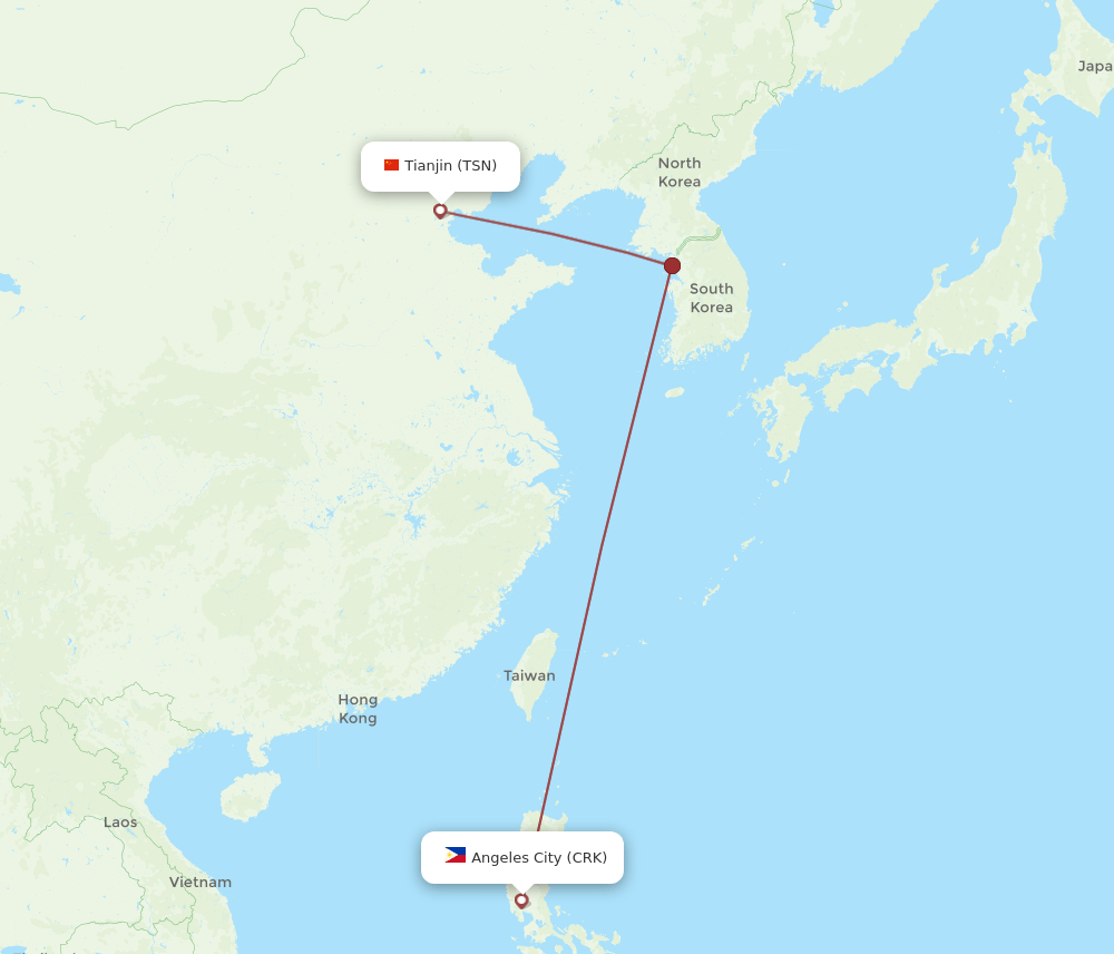 Tianjin - Angeles route map and flight paths