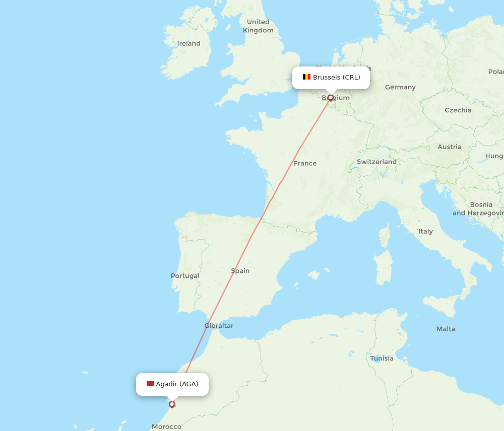 Brussels - Agadir route map and flight paths