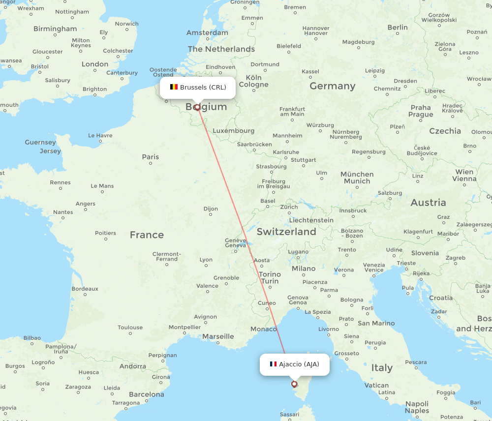 Brussels - Ajaccio route map and flight paths