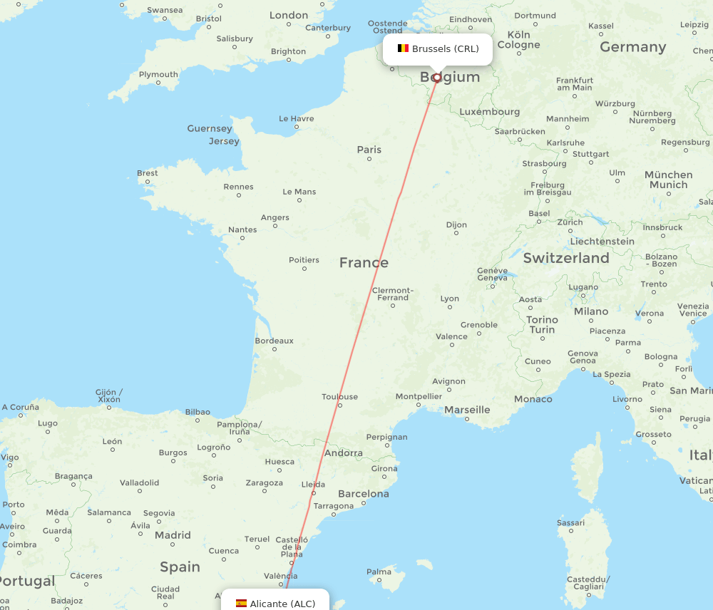 Brussels - Alicante route map and flight paths