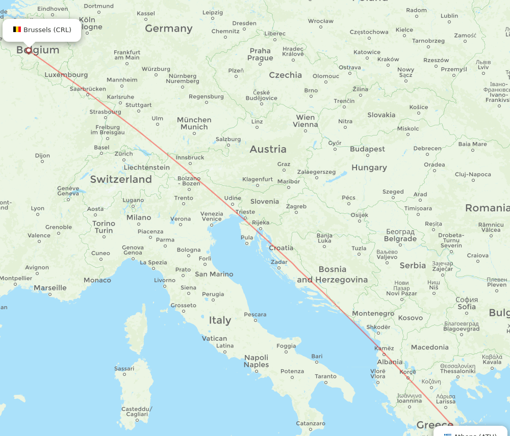 Brussels - Athens route map and flight paths