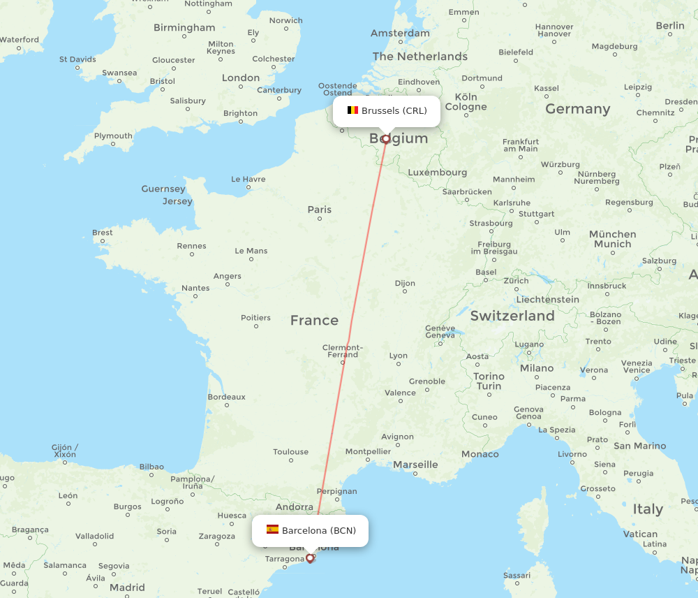 CRL to BCN flights and routes map