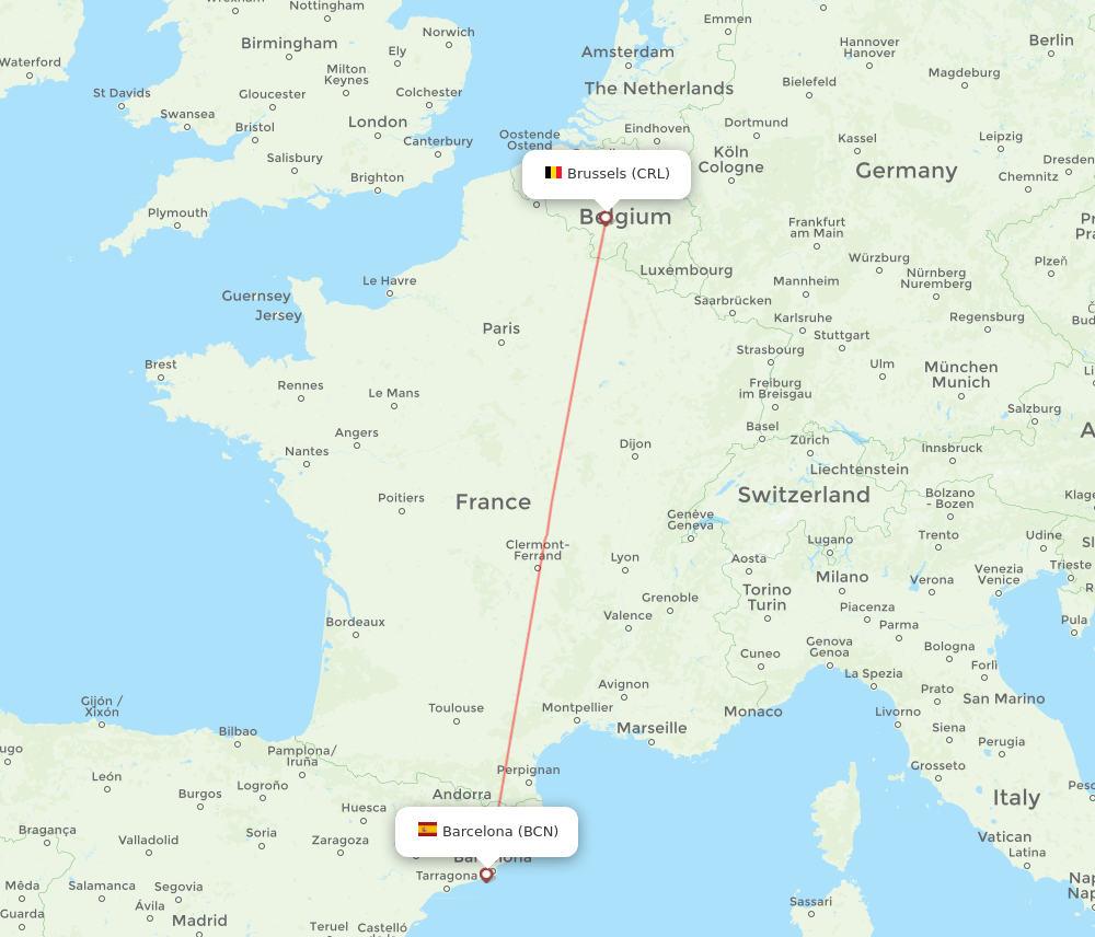 Brussels - Barcelona route map and flight paths