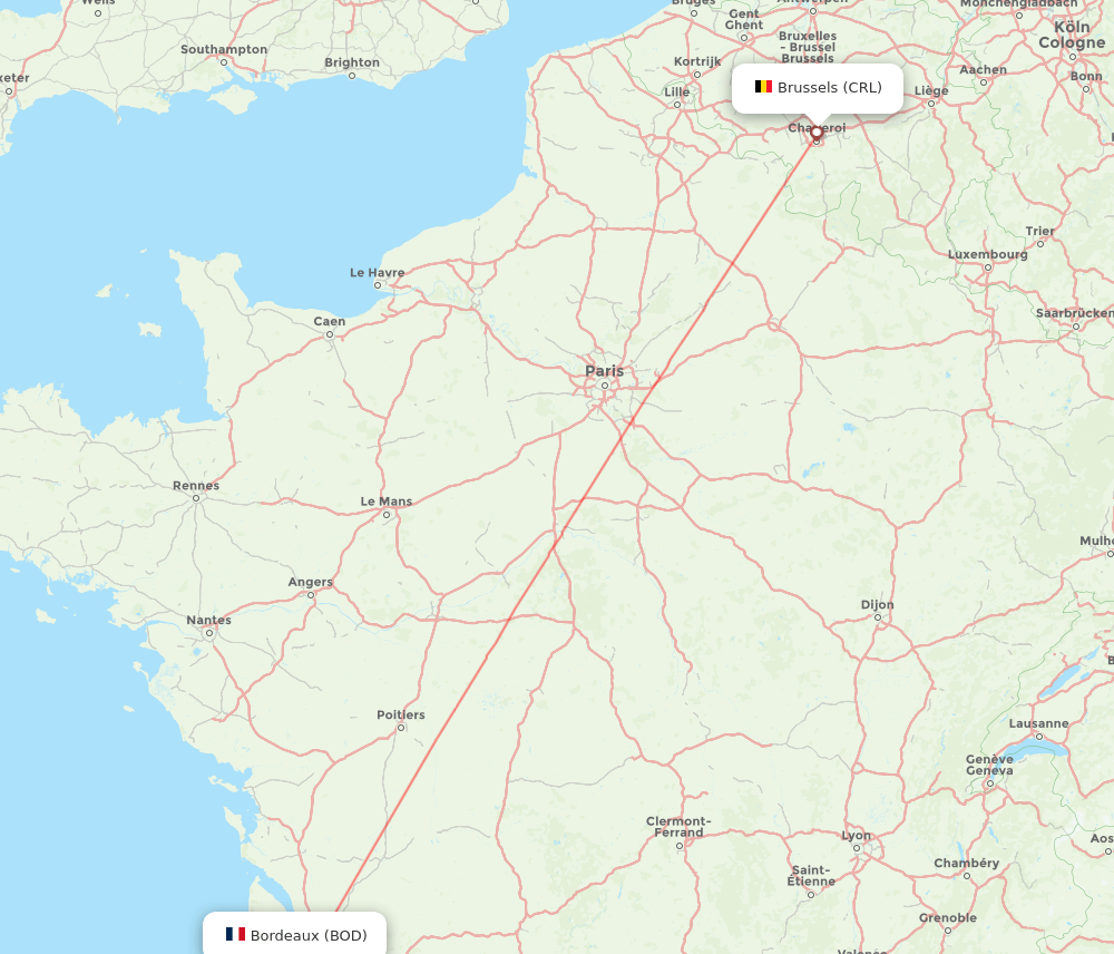 Brussels - Bordeaux route map and flight paths