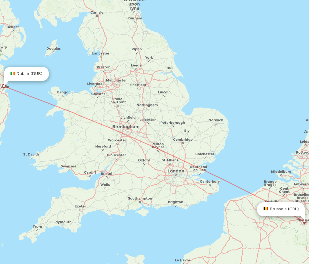 Brussels - Dublin route map and flight paths