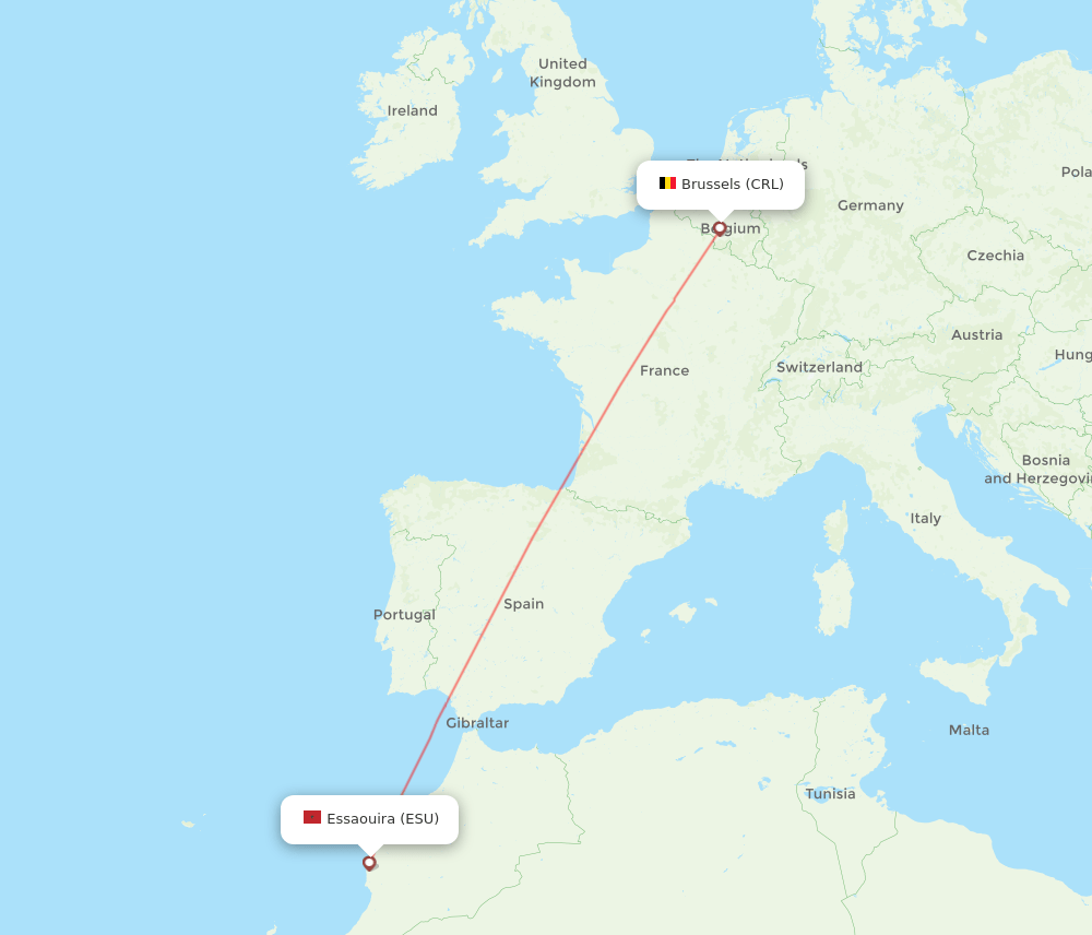 Brussels - Essaouira route map and flight paths