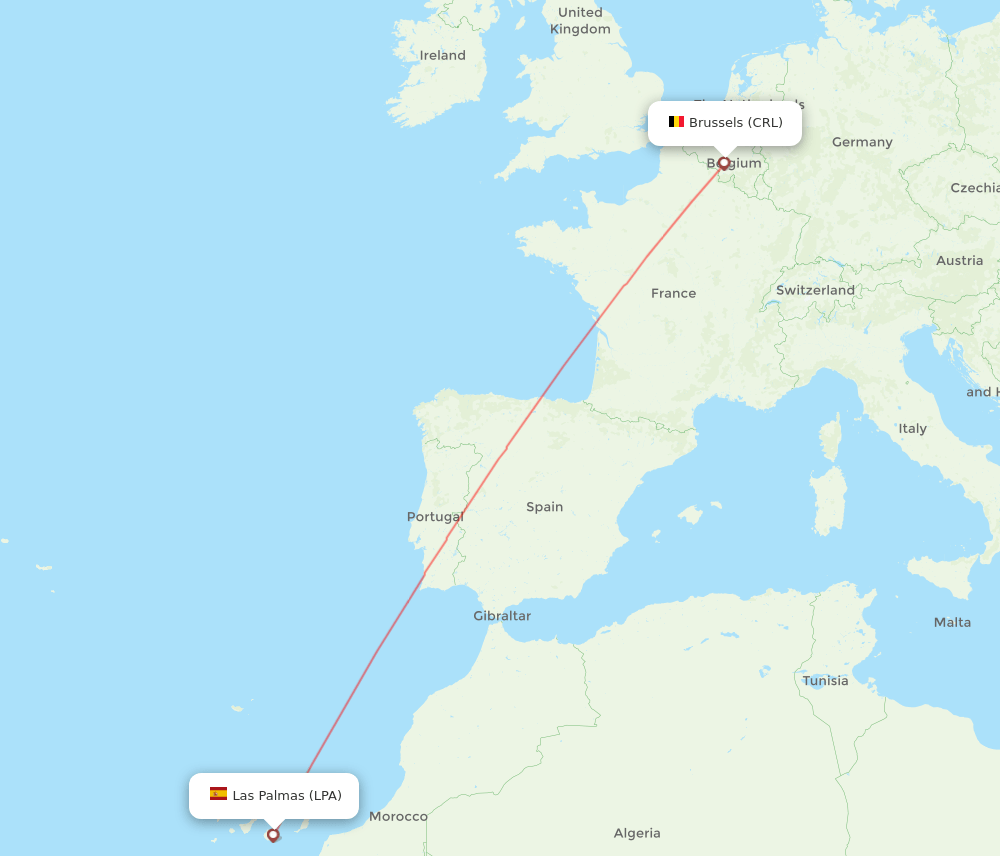 Brussels - Las Palmas route map and flight paths