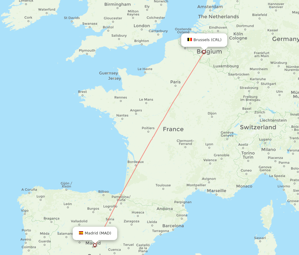 Brussels - Madrid route map and flight paths