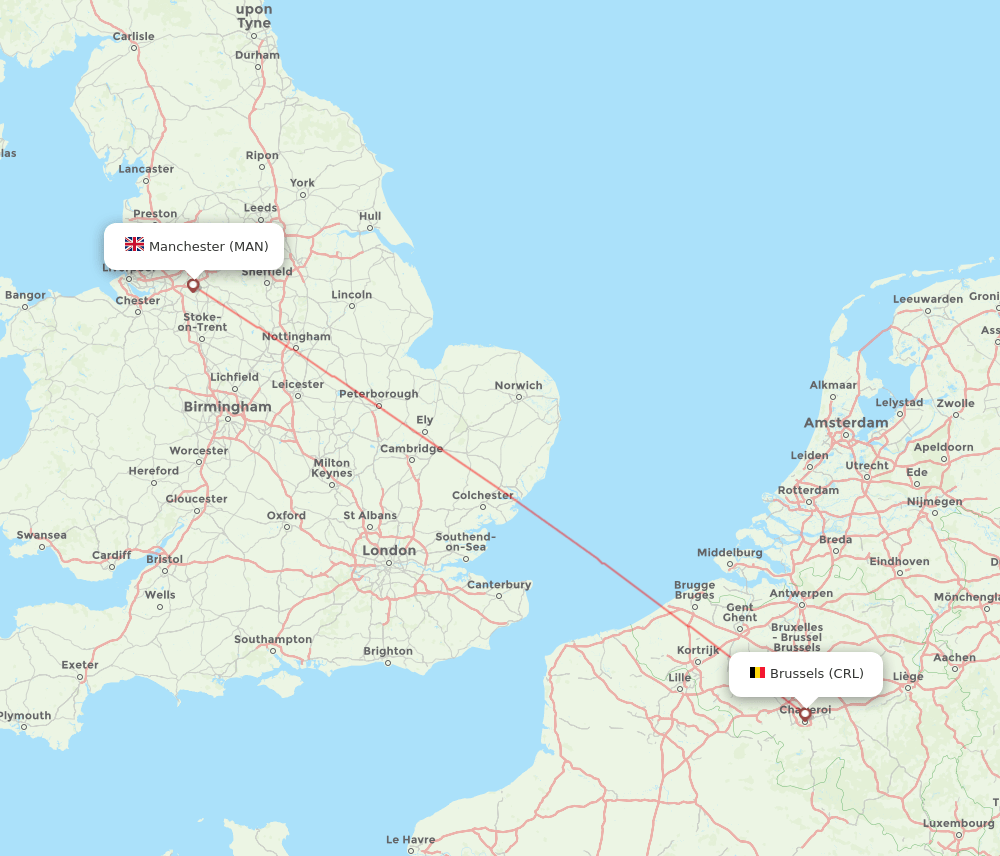 Brussels - Manchester route map and flight paths