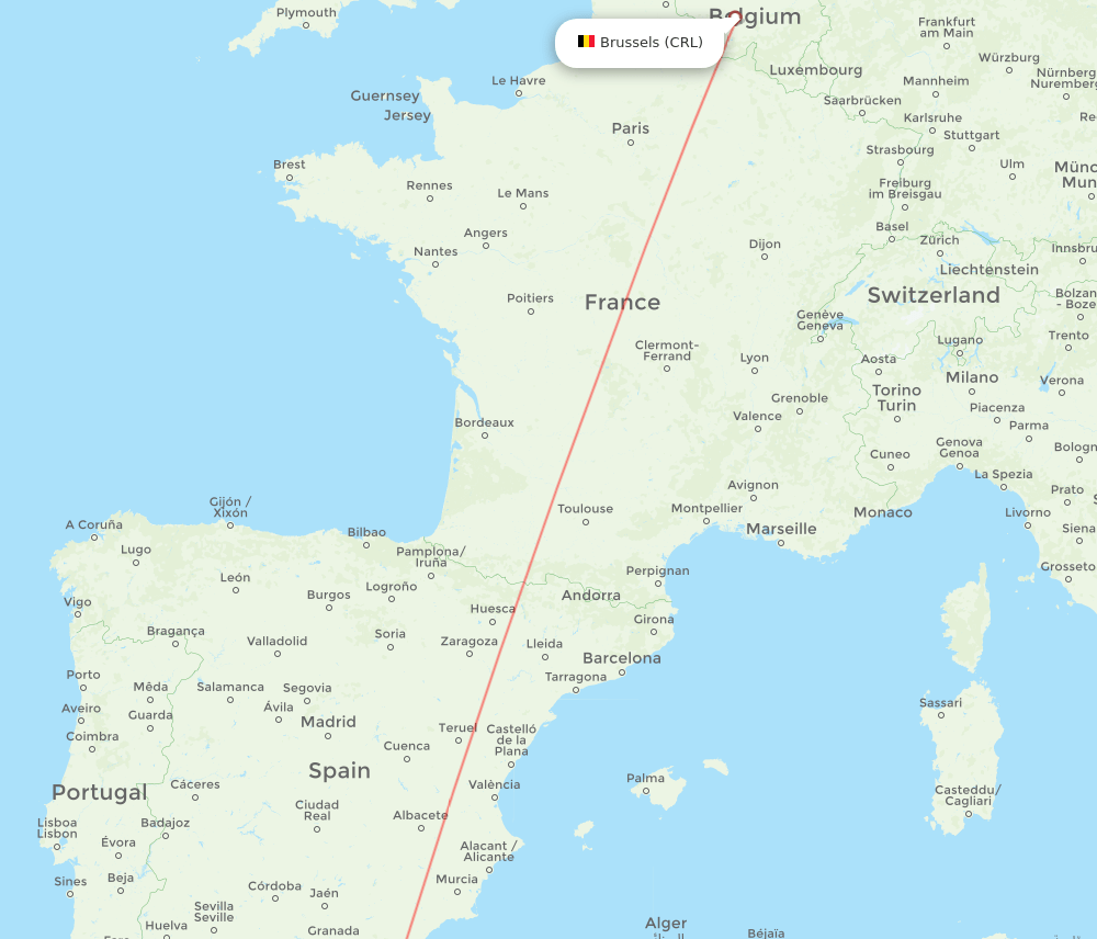 Brussels - Nador route map and flight paths