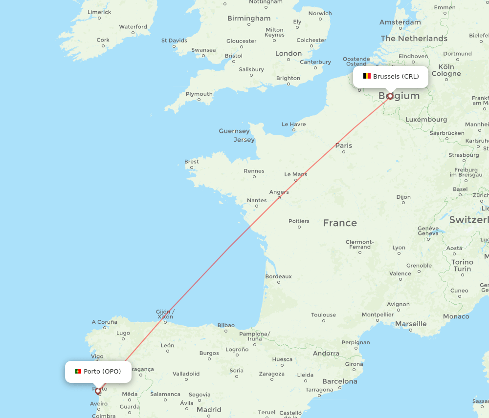 Brussels - Porto route map and flight paths