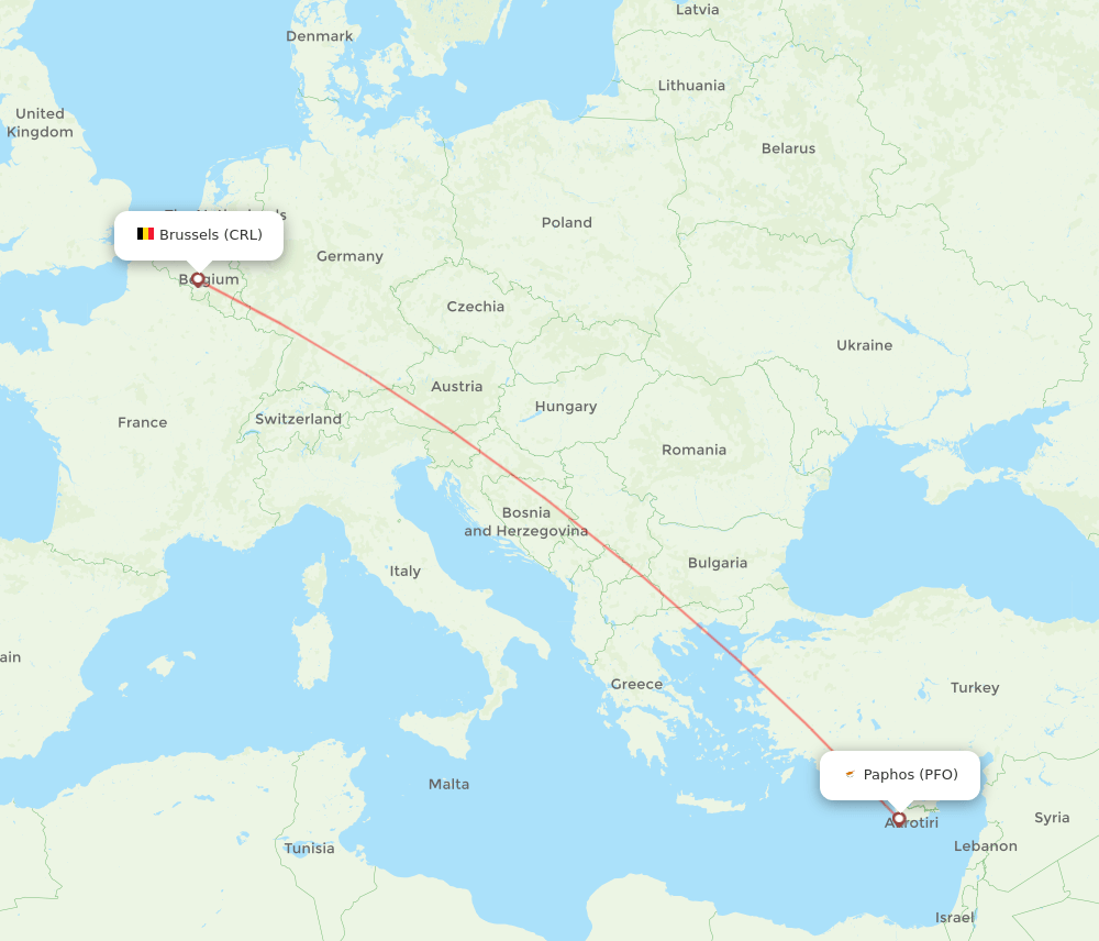 Brussels - Paphos route map and flight paths
