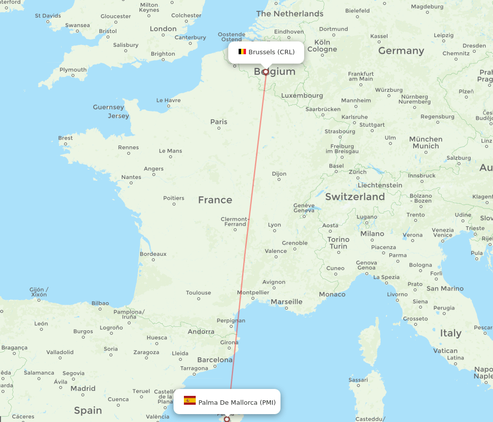 Brussels - Palma de Mallorca route map and flight paths