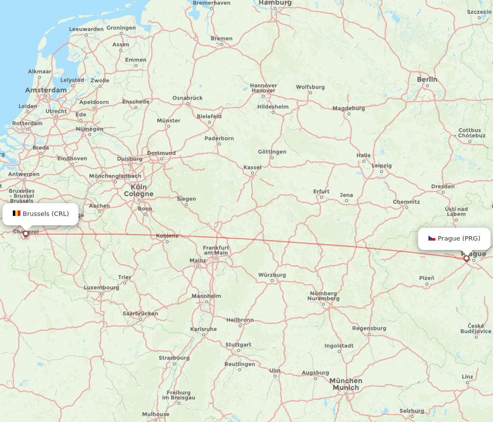 Brussels - Prague route map and flight paths