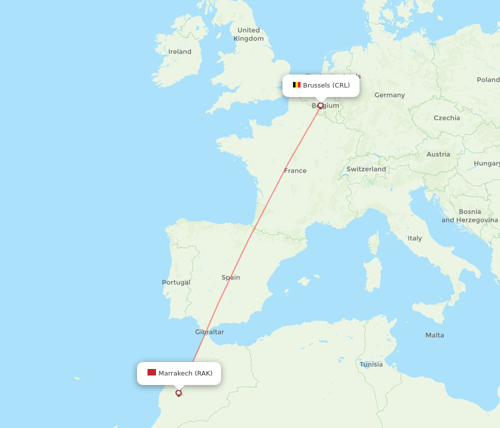 Brussels - Marrakech route map and flight paths