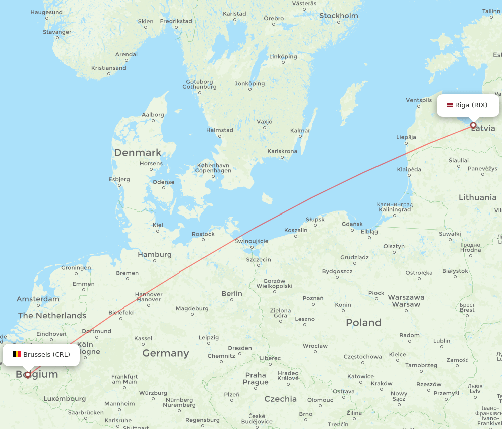 Brussels - Riga route map and flight paths